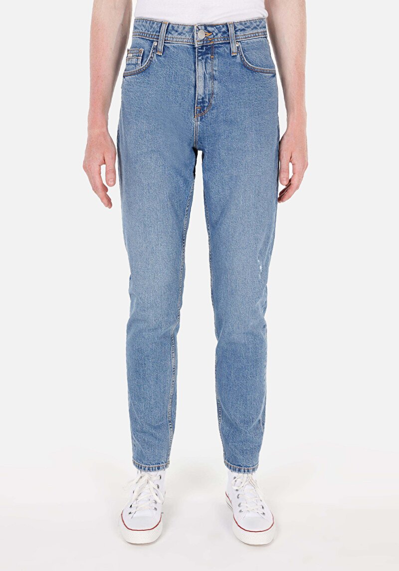 Regular Fit Orta Bel Daralan Paça Erkek İndigo Fermuarlı Denim Jean Pantolon