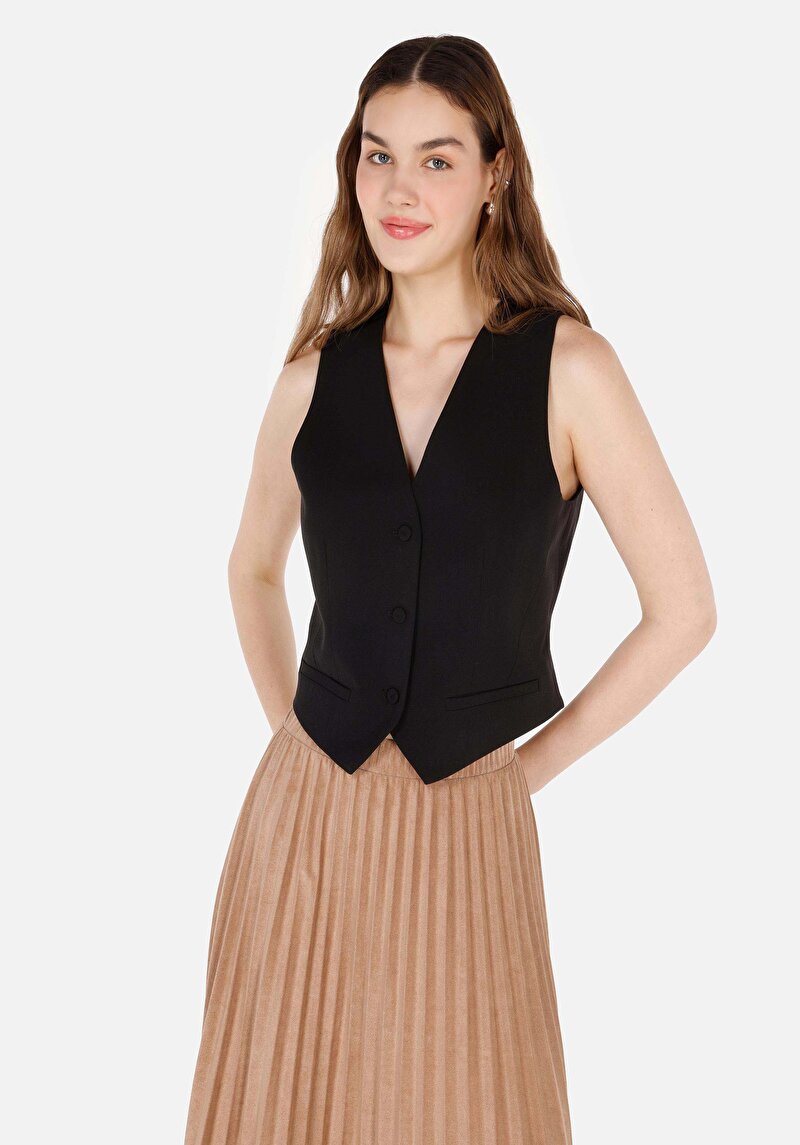 Regular Fit V Yaka  Kadın Siyah Kolsuz Gömlek