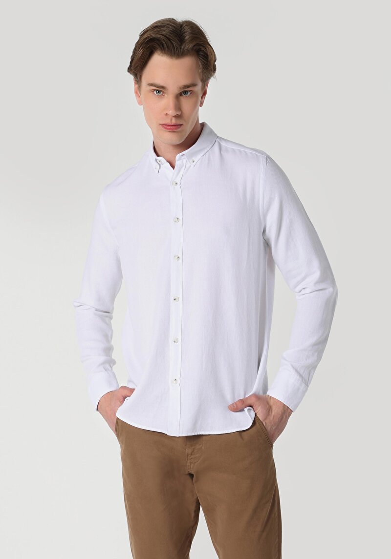 Slim Fit Shirt Neck Pamuklu Düz Erkek Beyaz Uzun Kol Gömlek