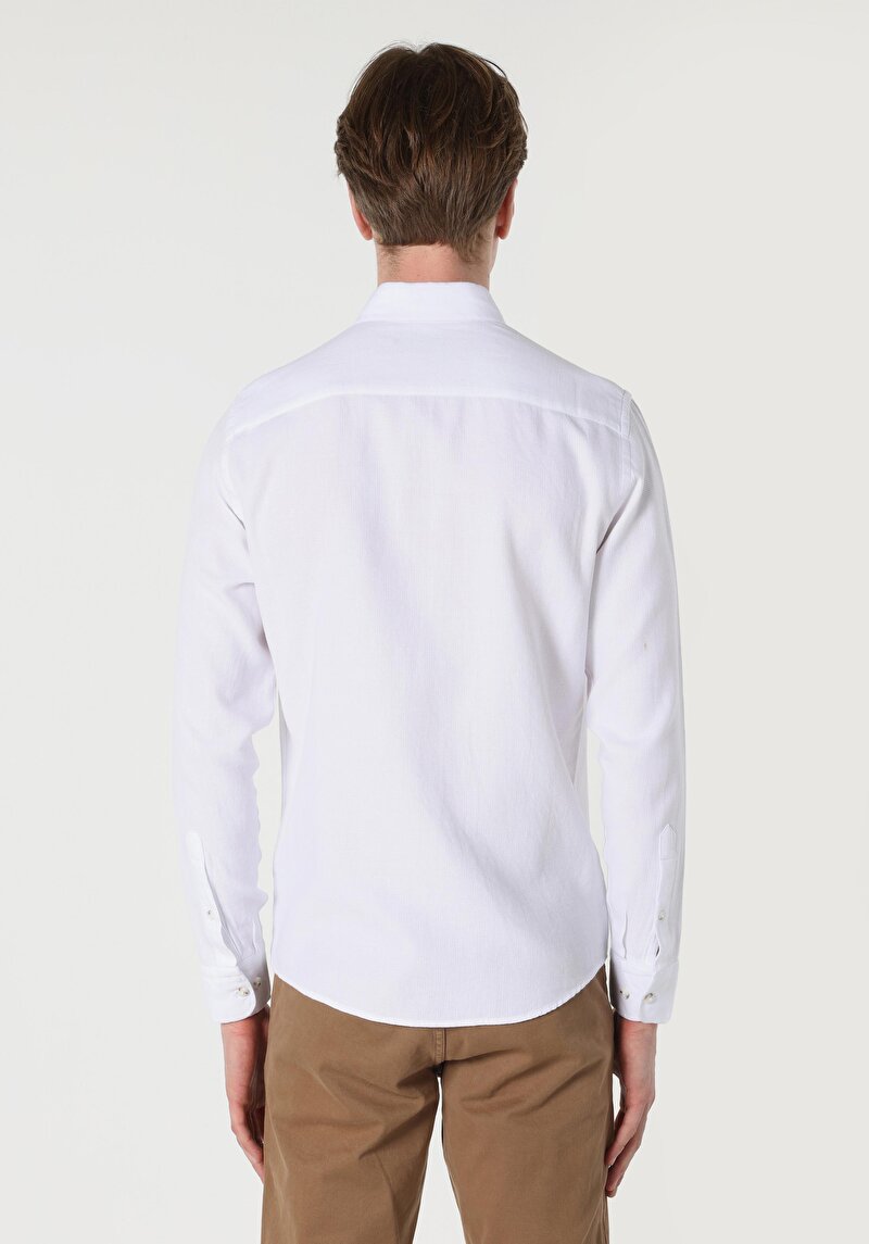 Slim Fit Shirt Neck Pamuklu Düz Erkek Beyaz Uzun Kol Gömlek
