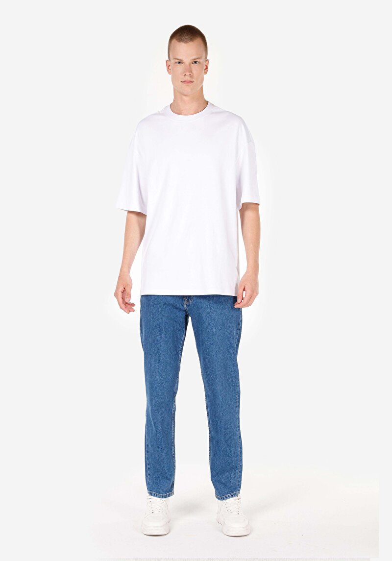 Loose Straight Fit Orta Bel Düz Paça Erkek Mid İndigo Cepli Denim Jean Pantolon