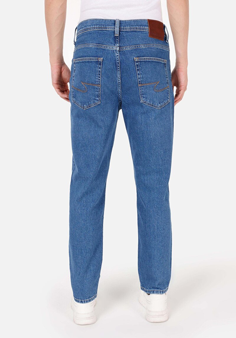 Loose Straight Fit Orta Bel Düz Paça Erkek Mid İndigo Cepli Denim Jean Pantolon