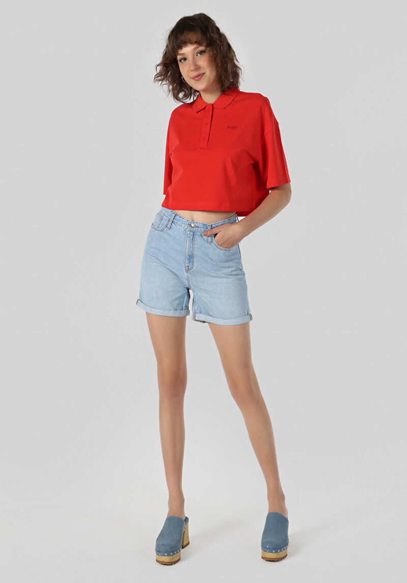 Pamuklu Cepli Mom Fit Yüksek Bel Kadın Mavi Denim Şort