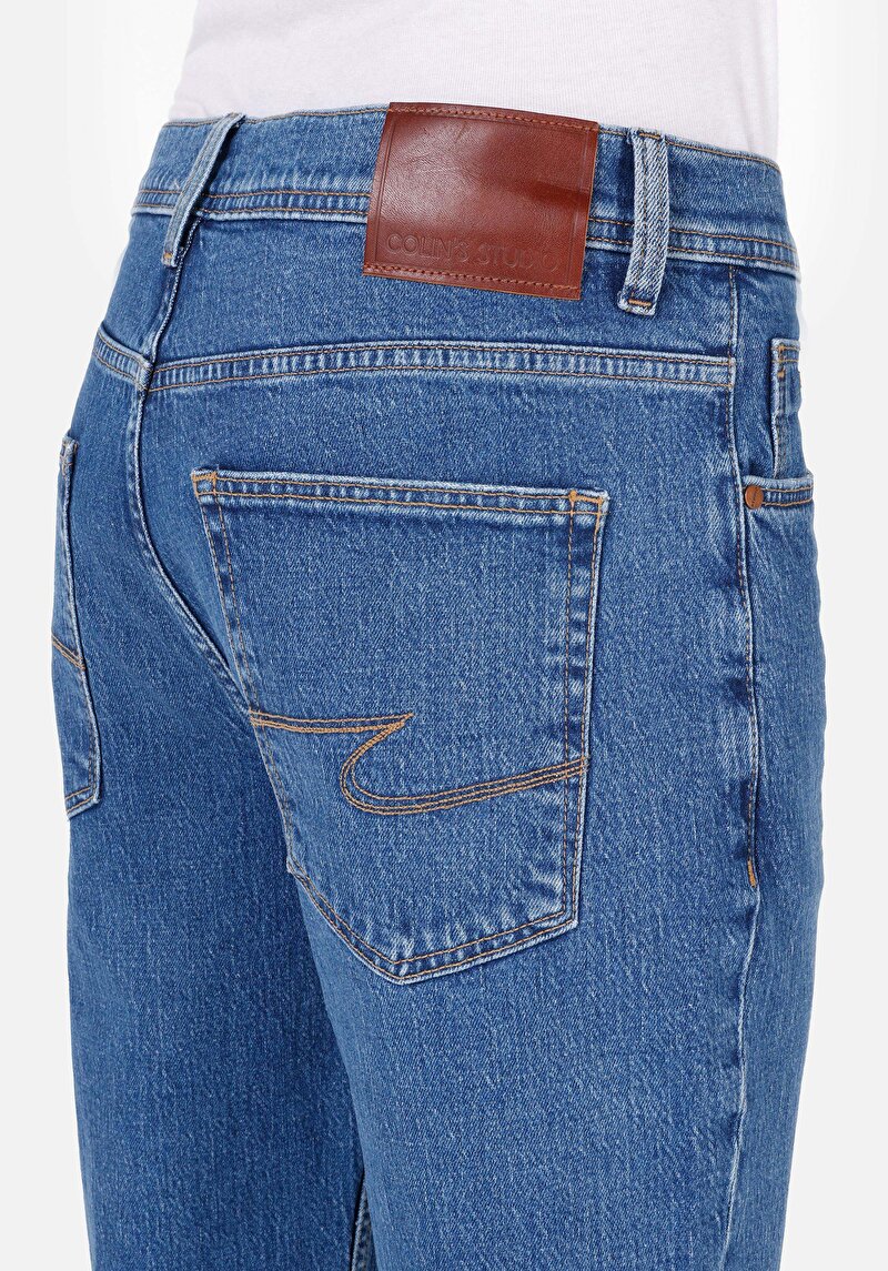 Loose Straight Fit Orta Bel Düz Paça Erkek Mid İndigo Cepli Denim Jean Pantolon