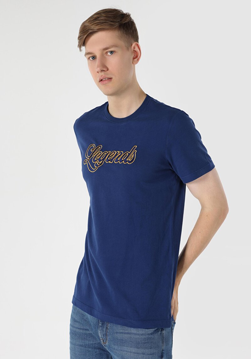 Regular Fit Yuvarlak Yaka Düz Erkek Koyu Mavi Kısa Kol Tişört