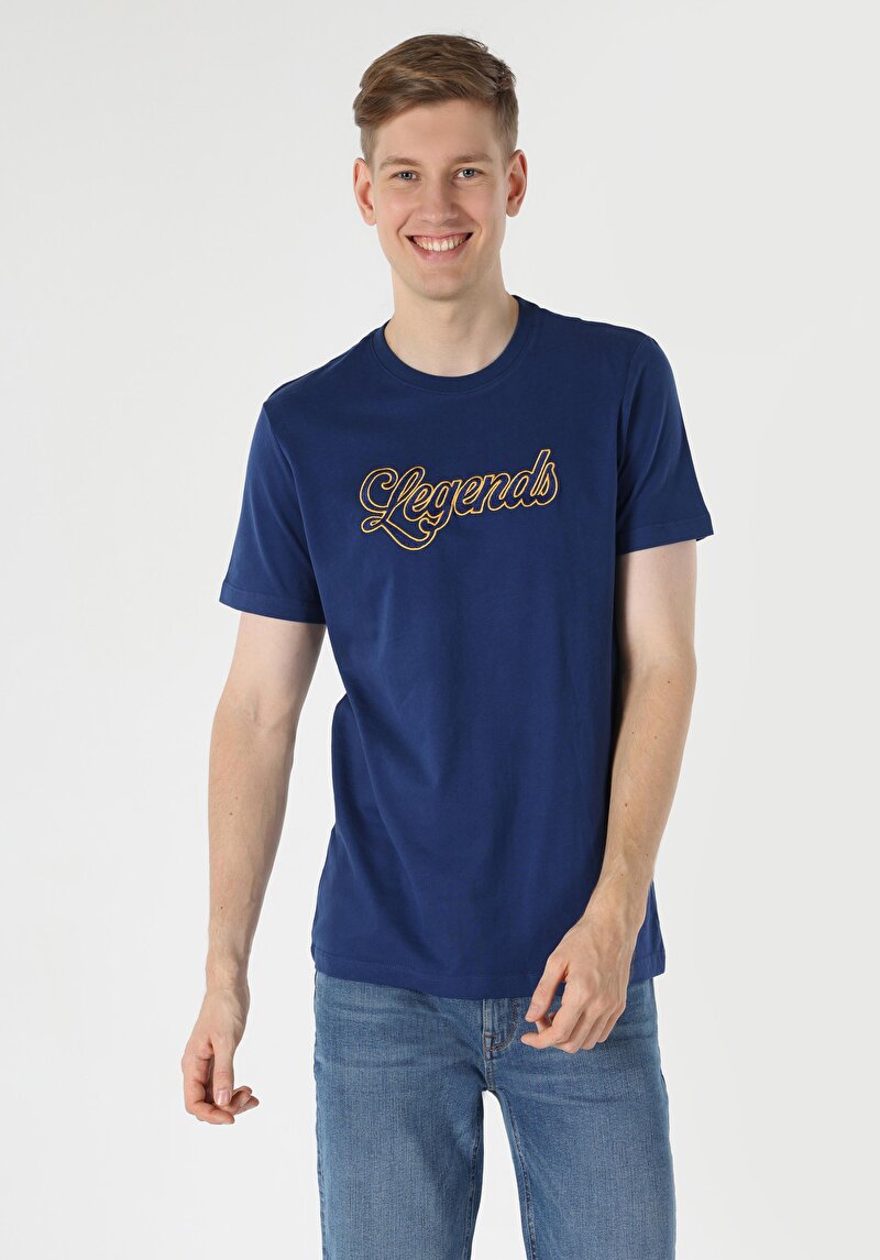 Regular Fit Yuvarlak Yaka Düz Erkek Koyu Mavi Kısa Kol Tişört