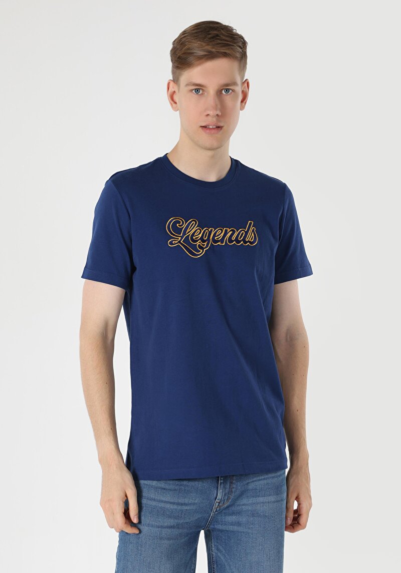 Regular Fit Yuvarlak Yaka Düz Erkek Koyu Mavi Kısa Kol Tişört