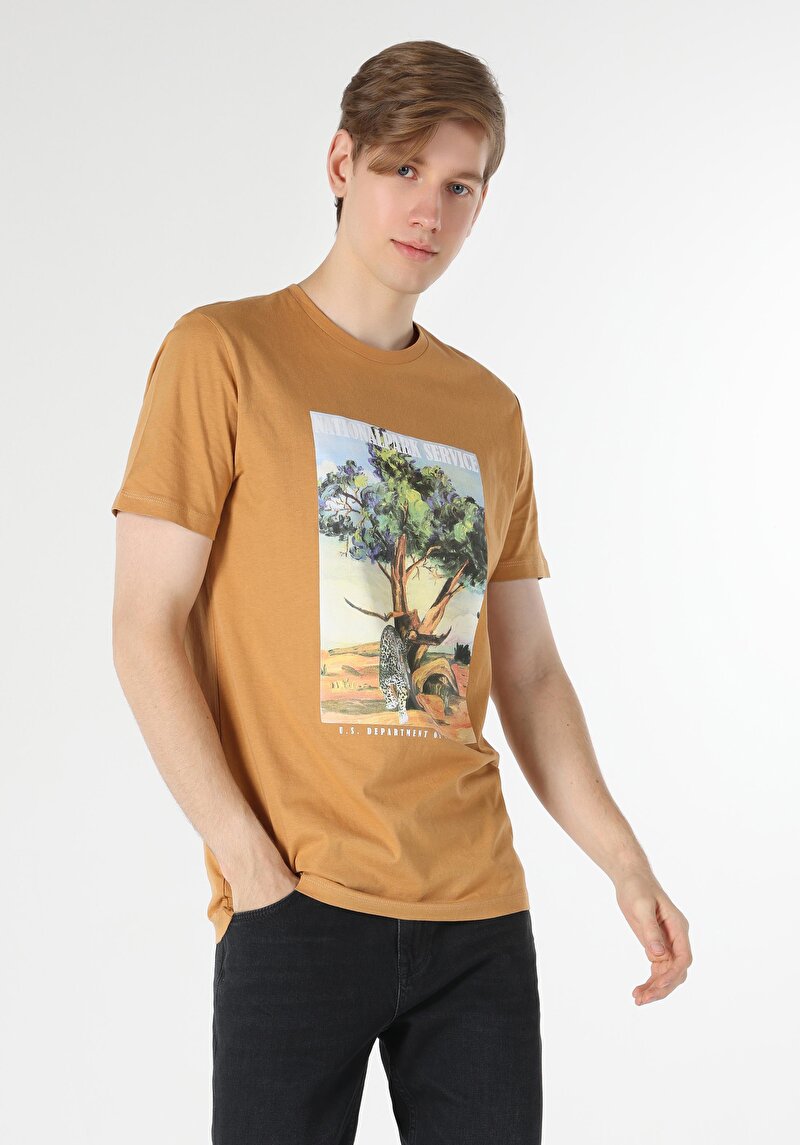 Regular Fit Yuvarlak Yaka Erkek Kahverengi Kısa Kol Tişört