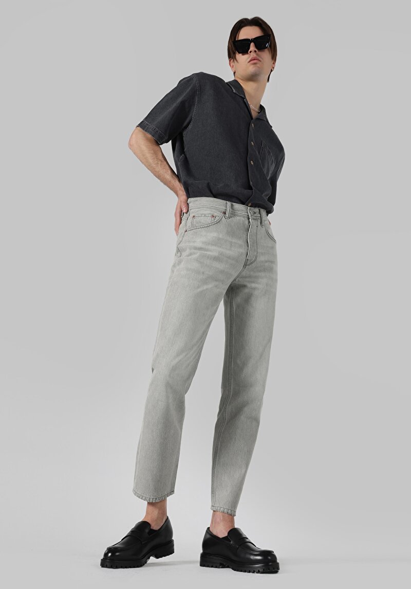 Loose Straight Fit Orta Bel Düz Paça Erkek Gri Jean Pantolon