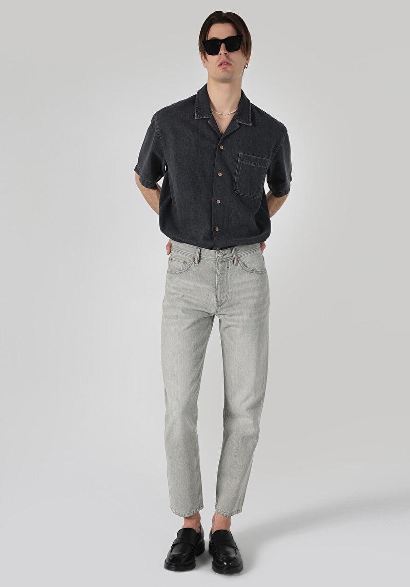 Loose Straight Fit Orta Bel Düz Paça Erkek Gri Jean Pantolon