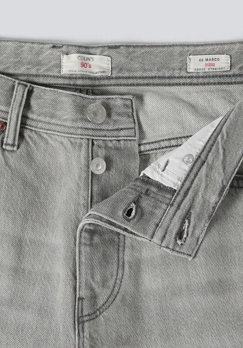Loose Straight Fit Orta Bel Düz Paça Erkek Gri Jean Pantolon