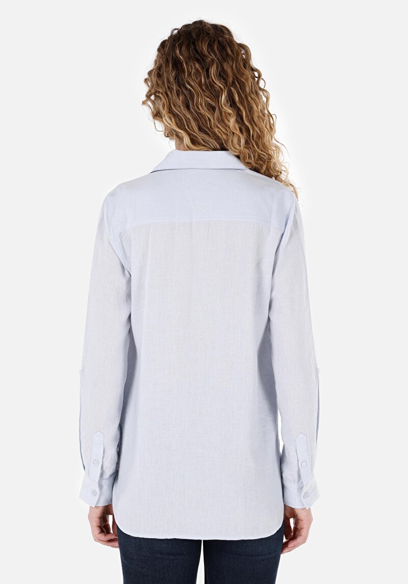 Regular Fit Shirt Neck Cepli Düz Kadın Mavi Uzun Kol Gömlek