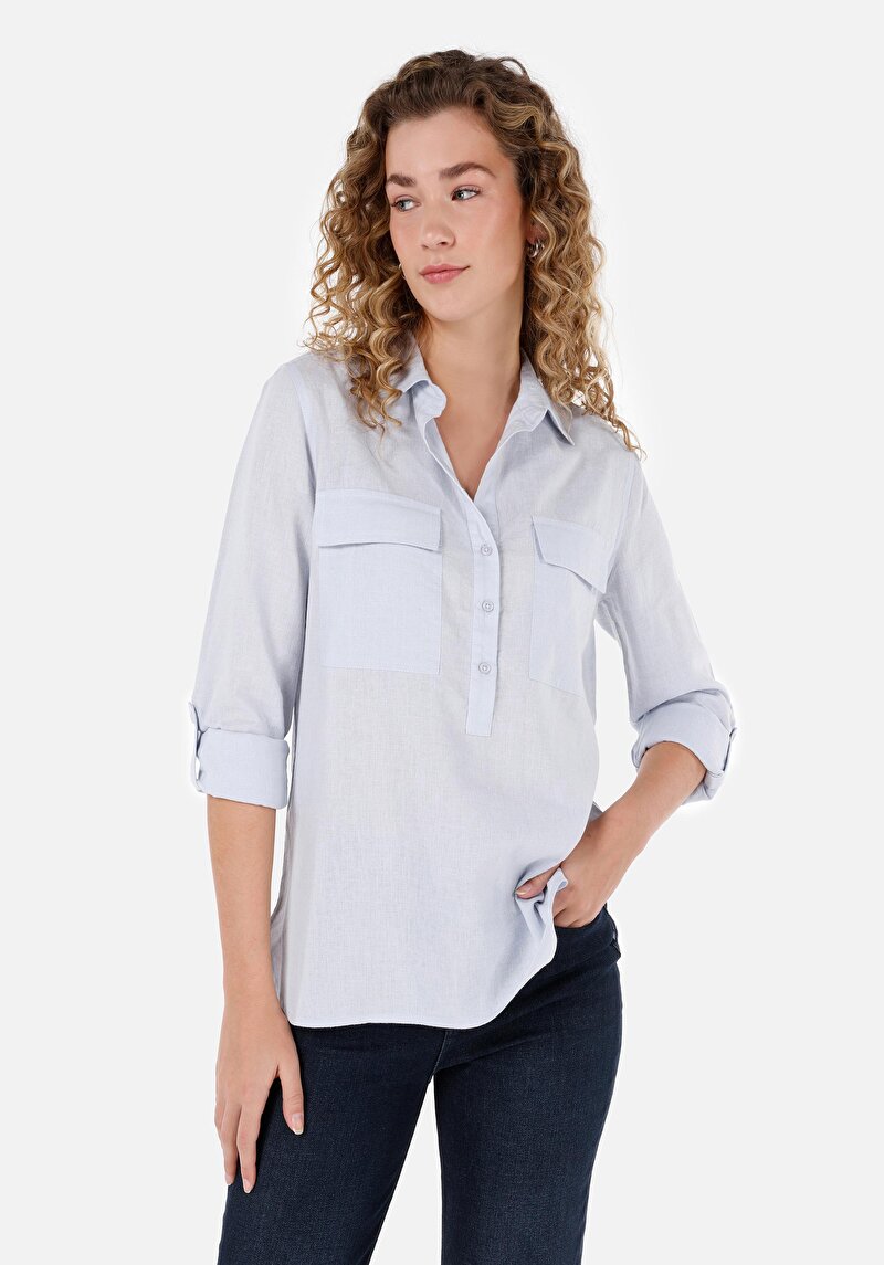 Regular Fit Shirt Neck Cepli Düz Kadın Mavi Uzun Kol Gömlek