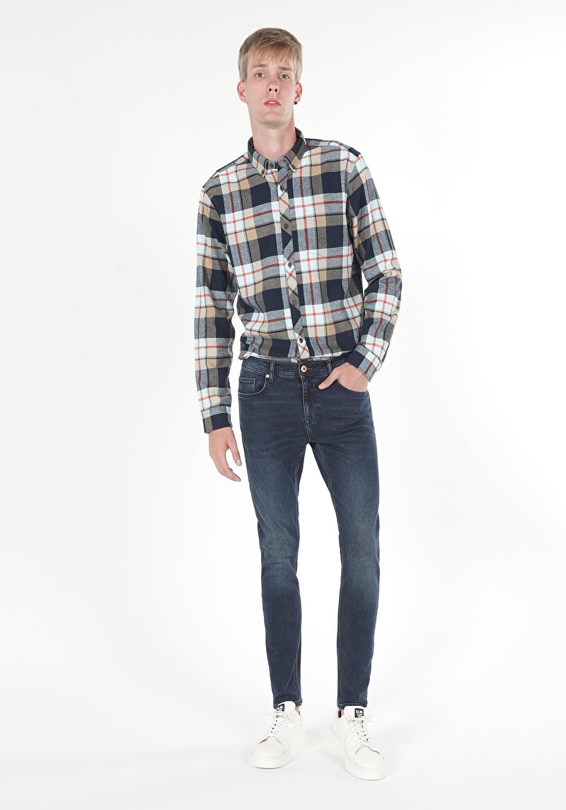 Skinny Fit Düşük Bel Dar Paça Erkek Koyu İndigo Jean Pantolon