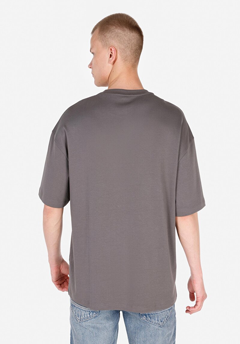 Oversize Fit Pamuklu Yuvarlak Yaka Düz Erkek Gri Kısa Kol Tişört