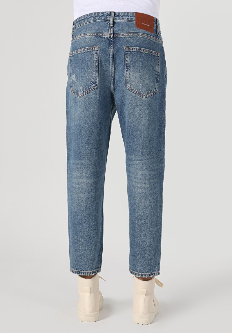 Loose Relaxed Fit Drop Crotch Kısa Paça Erkek İndigo Jean Pantolon