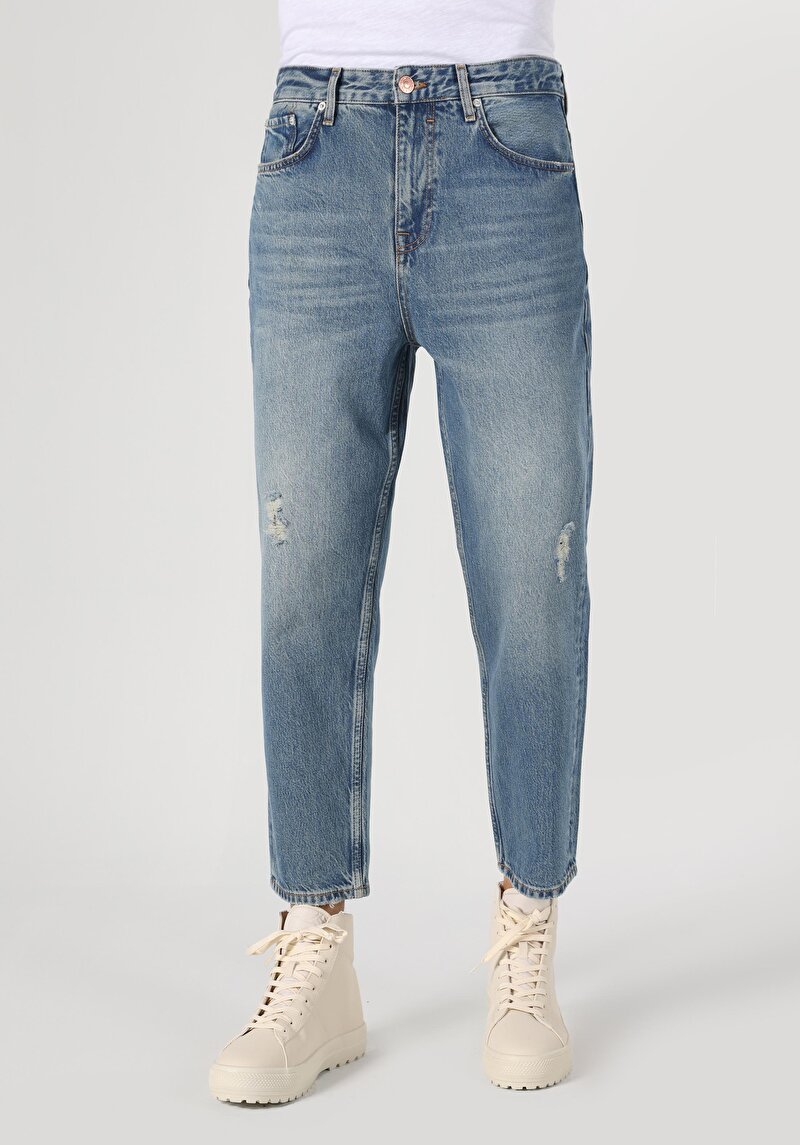 Loose Relaxed Fit Drop Crotch Kısa Paça Erkek İndigo Jean Pantolon