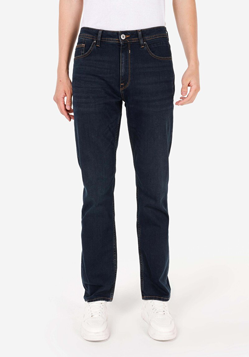 Regular Fit Orta Bel Düz Paça Erkek Koyu İndigo Jean Pantolon