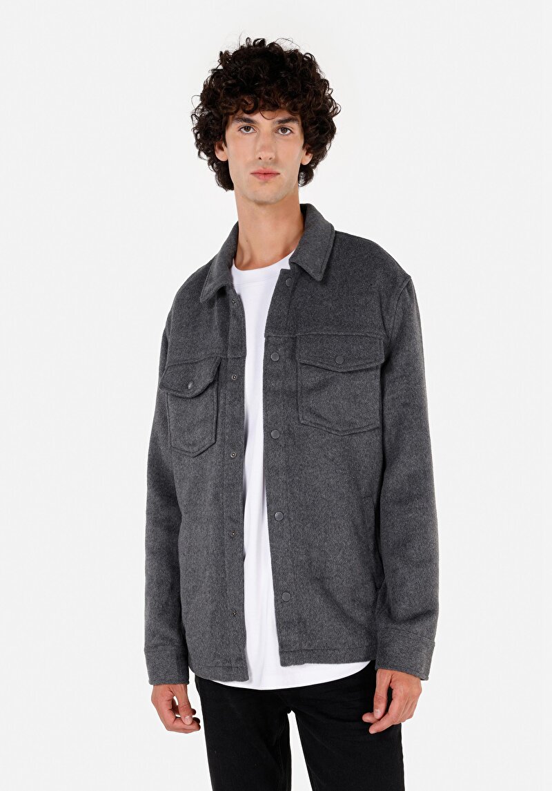 Regular Fit Shirt Neck Düz Erkek Gri Uzun Kol Gömlek