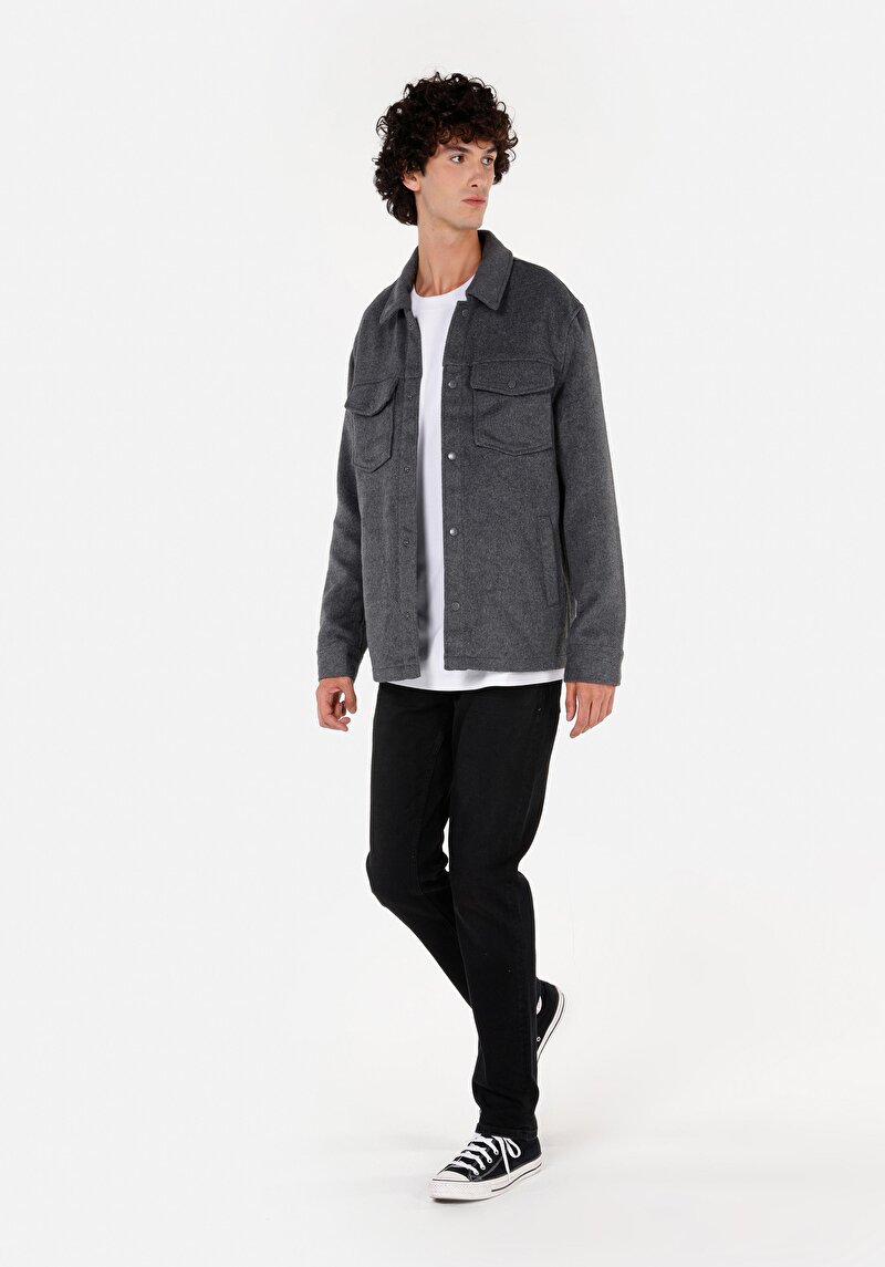 Regular Fit Shirt Neck Düz Erkek Gri Uzun Kol Gömlek