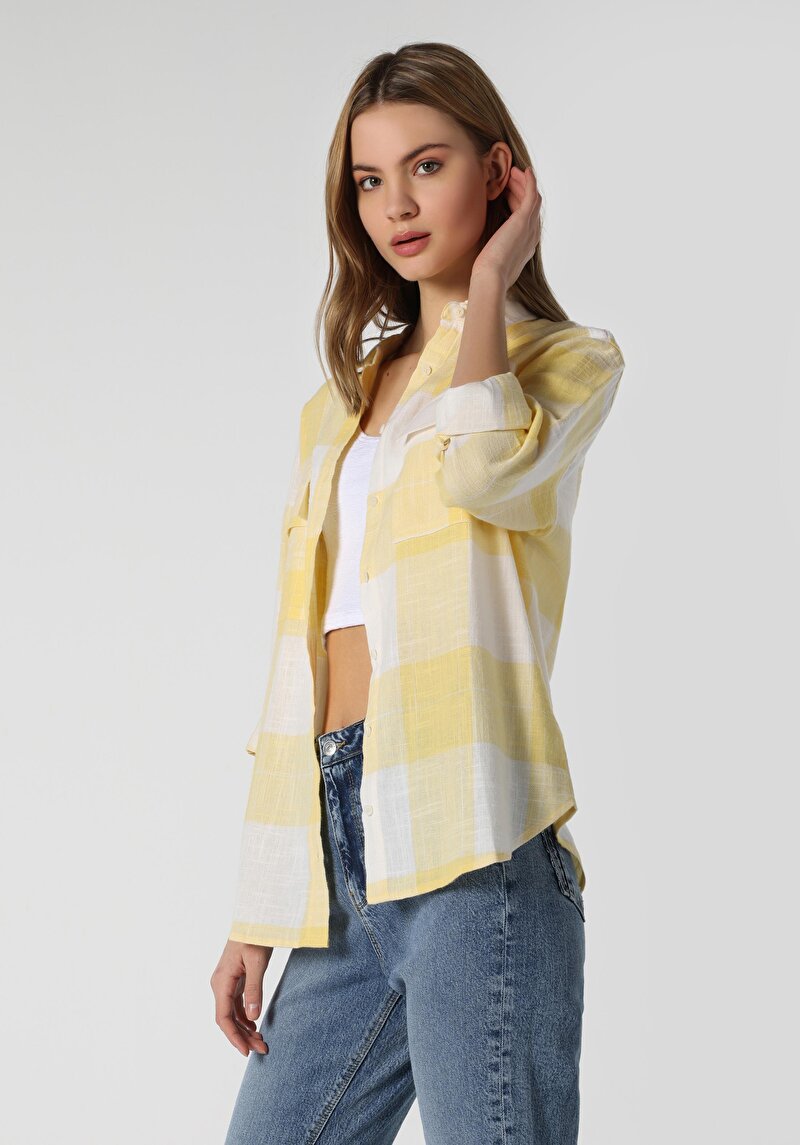 Regular Fit Shirt Neck Ekoseli Kadın Sari Uzun Kol Gömlek