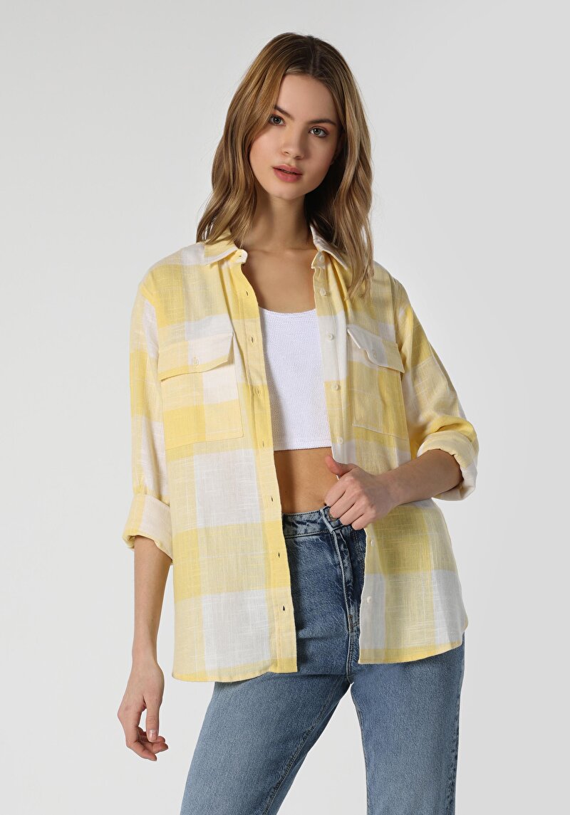 Regular Fit Shirt Neck Ekoseli Kadın Sari Uzun Kol Gömlek