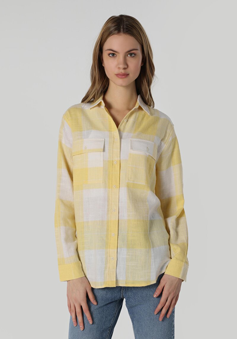 Regular Fit Shirt Neck Ekoseli Kadın Sari Uzun Kol Gömlek