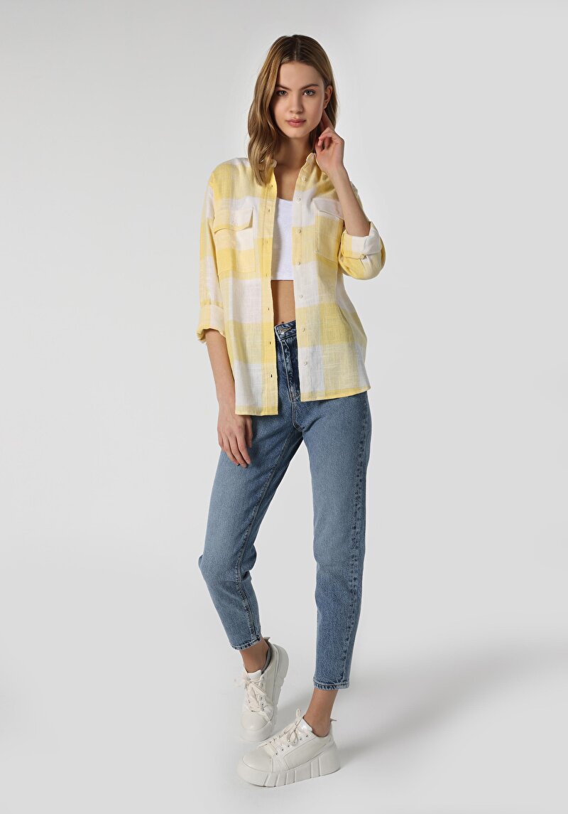 Regular Fit Shirt Neck Ekoseli Kadın Sari Uzun Kol Gömlek