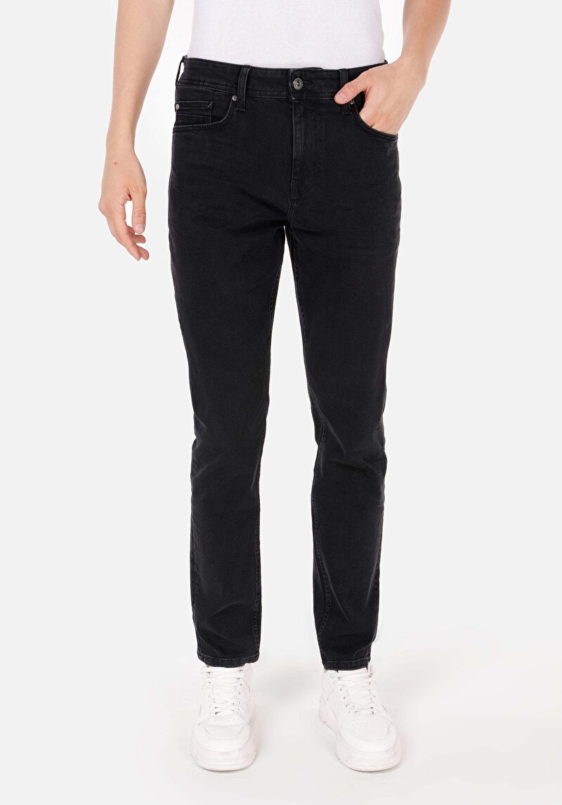 Regular Fit Orta Bel Daralan Paça Erkek Siyah Jean Pantolon
