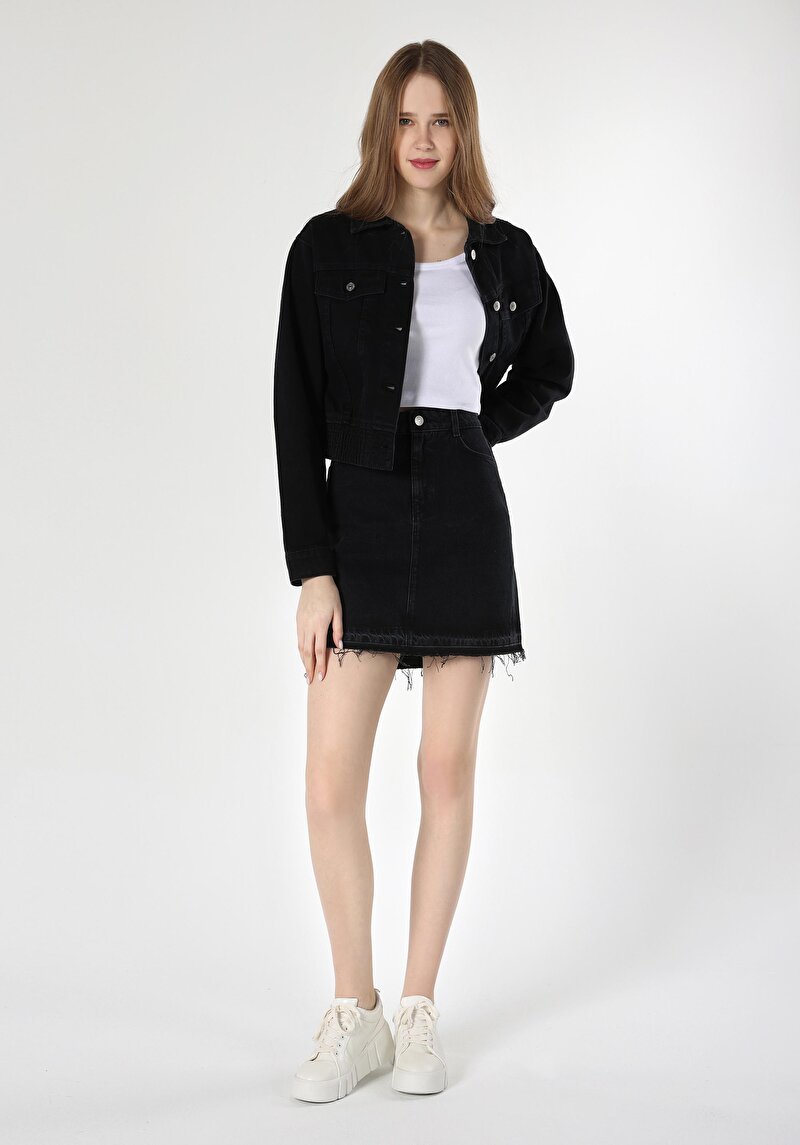 Slim Fit Düz Düğmeli Kadın Denim Etek