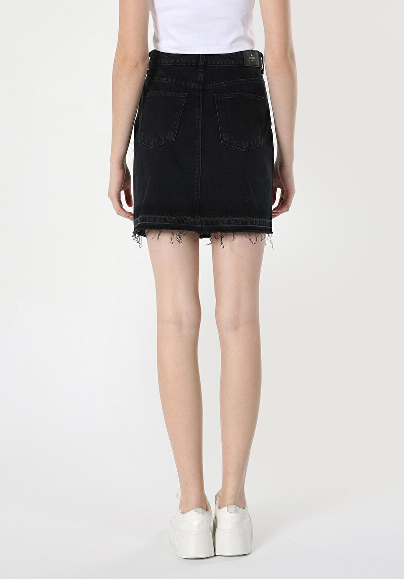 Slim Fit Düz Düğmeli Kadın Denim Etek