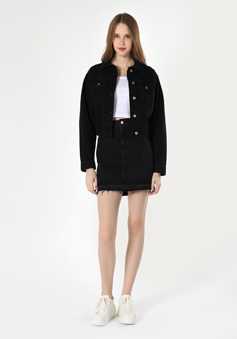 Slim Fit Düz Düğmeli Kadın Denim Etek