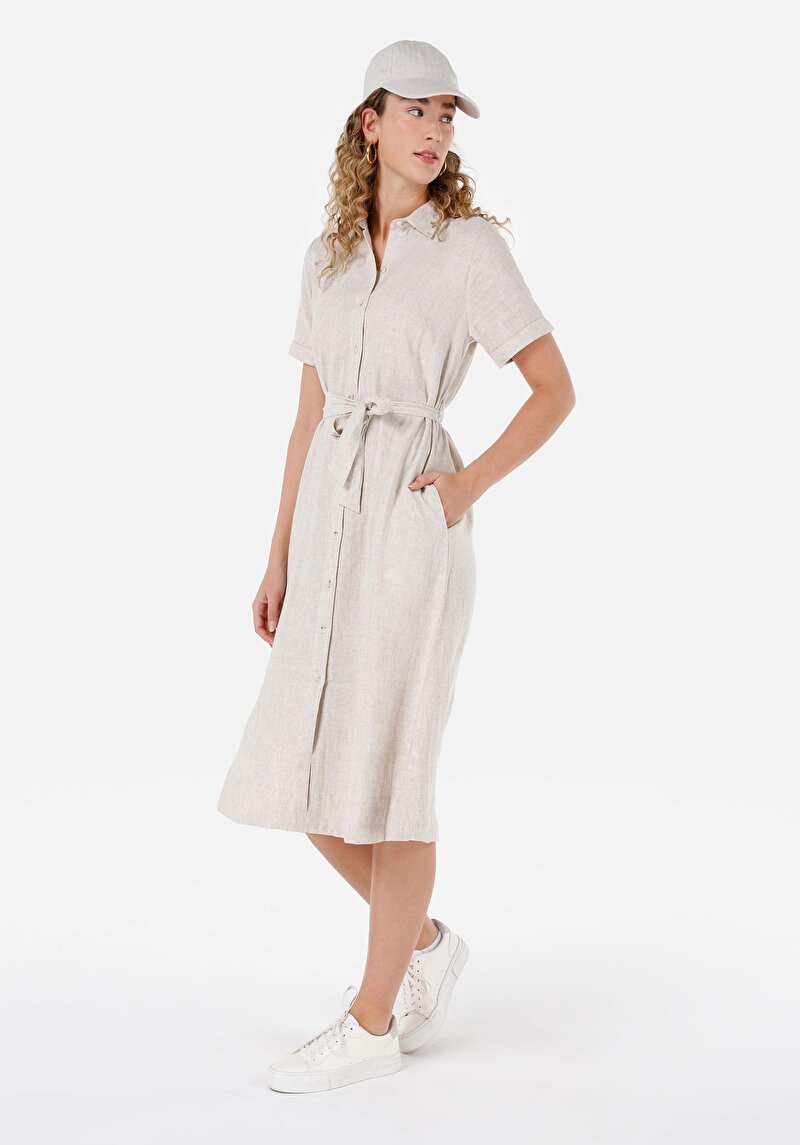 Regular Fit Dokuma Kadın Bej Elbise