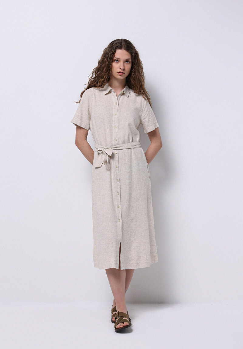 Regular Fit Dokuma Kadın Bej Elbise