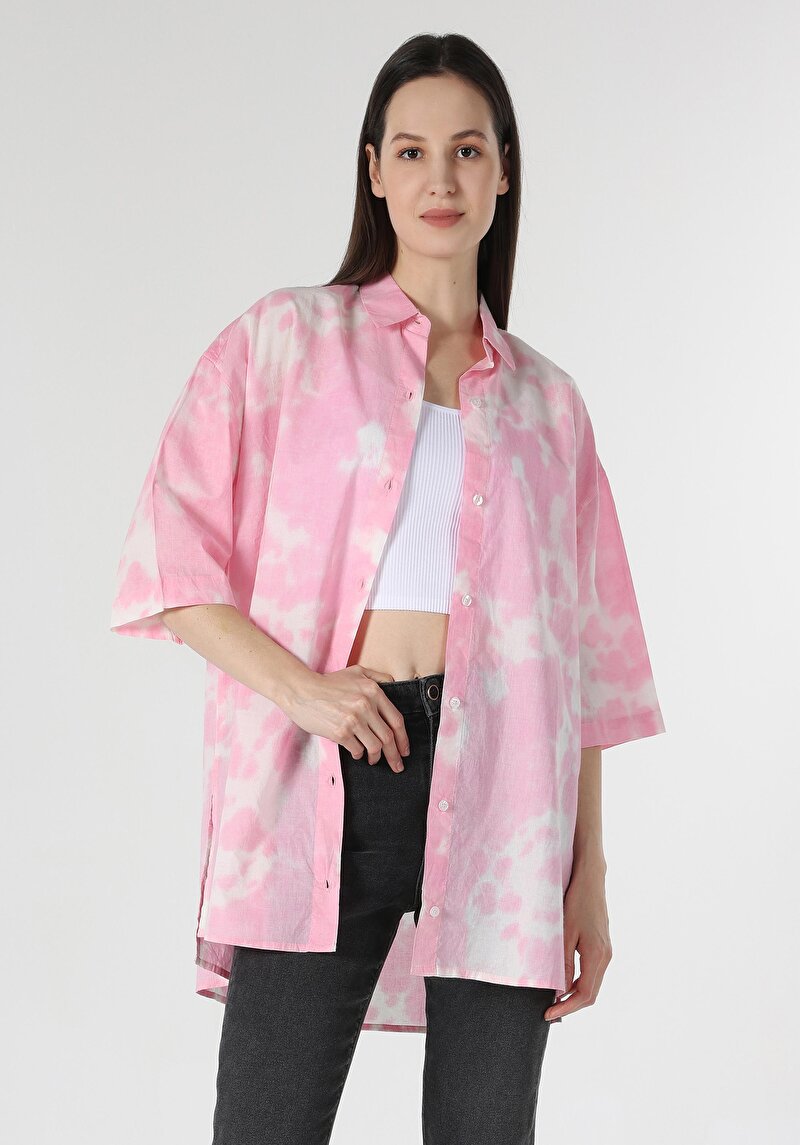 Relaxed Fit Shirt Neck Batik Kadın Pembe Kısa Kol Gömlek