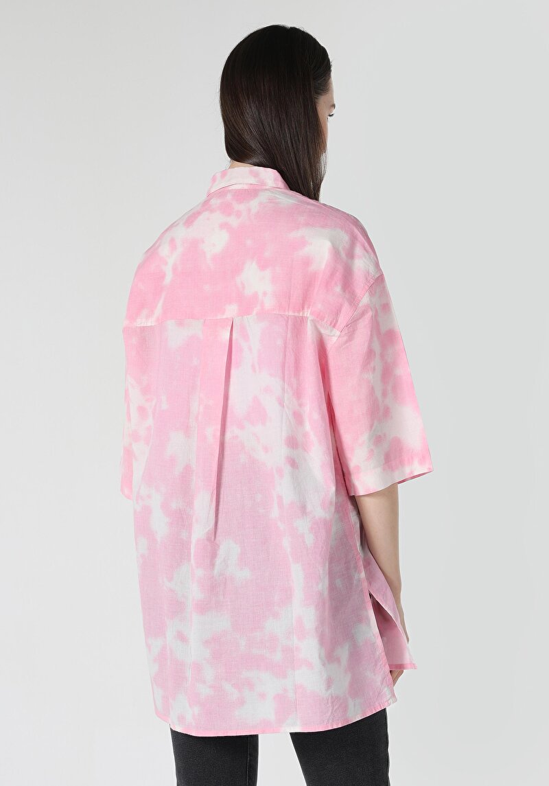 Relaxed Fit Shirt Neck Batik Kadın Pembe Kısa Kol Gömlek