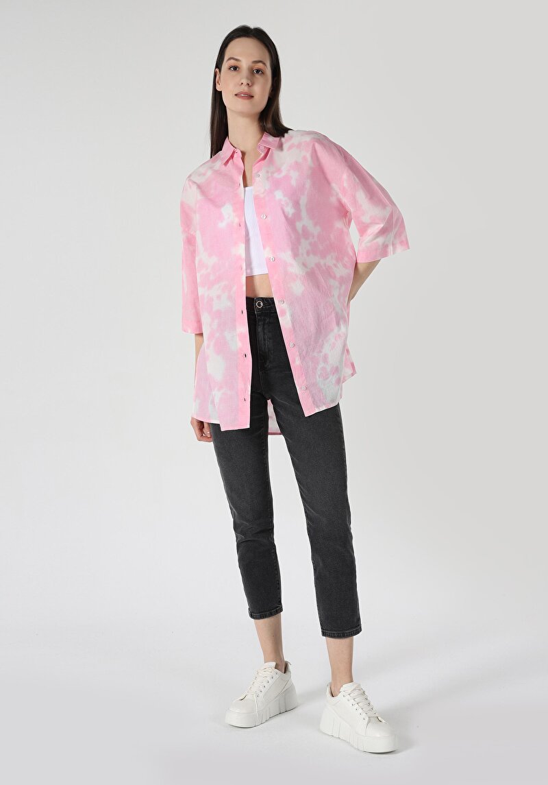 Relaxed Fit Shirt Neck Batik Kadın Pembe Kısa Kol Gömlek