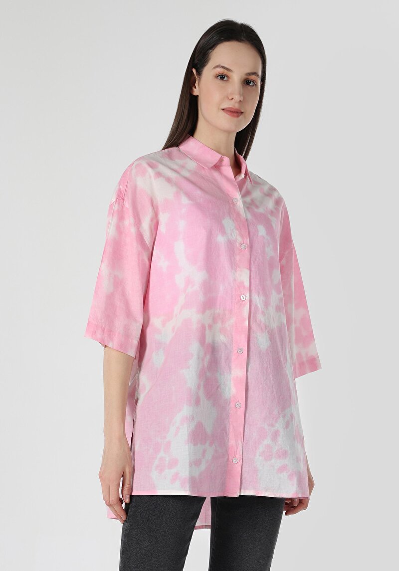 Relaxed Fit Shirt Neck Batik Kadın Pembe Kısa Kol Gömlek