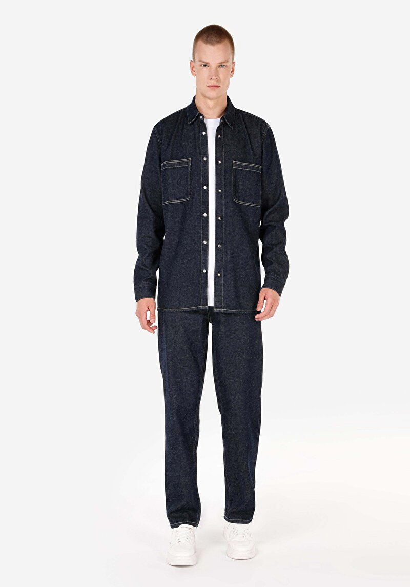 Regular Chino Orta Bel Düz Paça Erkek İndigo Jean Pantolon