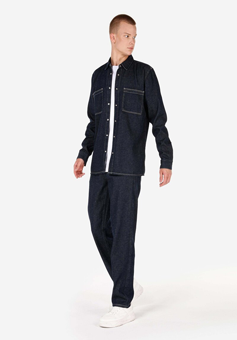 Regular Chino Orta Bel Düz Paça Erkek İndigo Jean Pantolon
