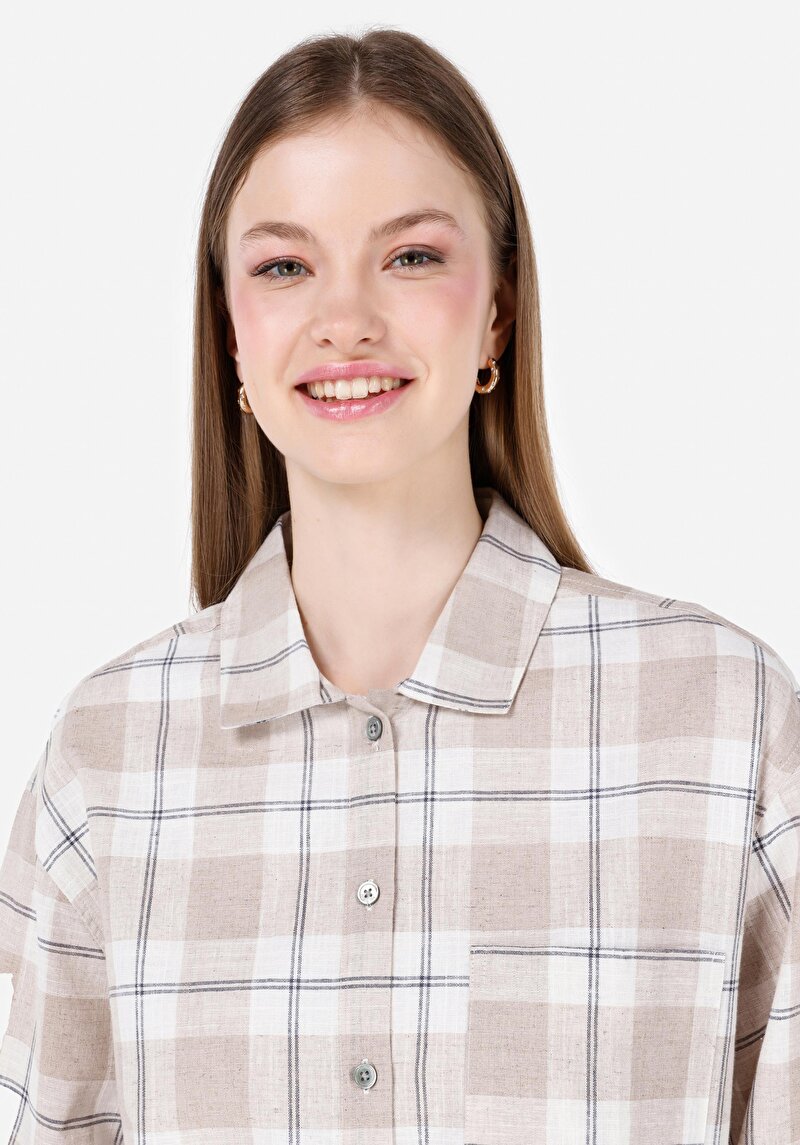 Relaxed Fit Shirt Neck Ekoseli Kadın Bej Roll-Up Gömlek