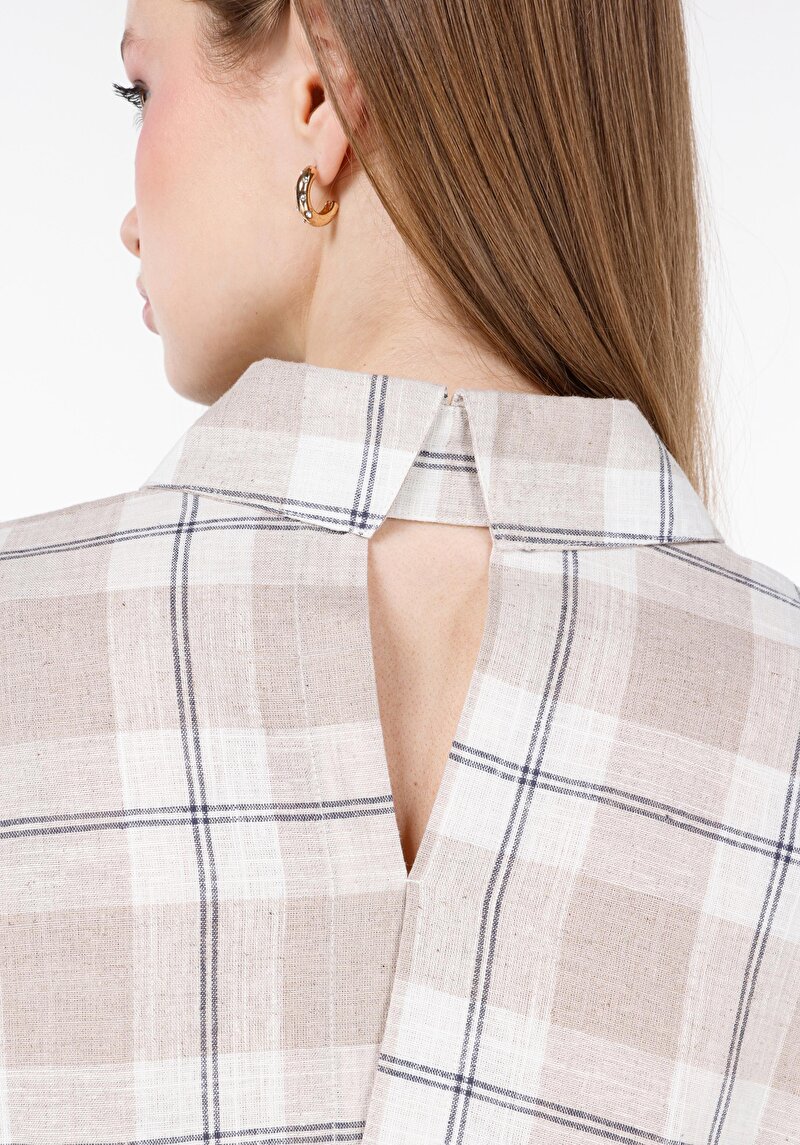 Relaxed Fit Shirt Neck Ekoseli Kadın Bej Roll-Up Gömlek