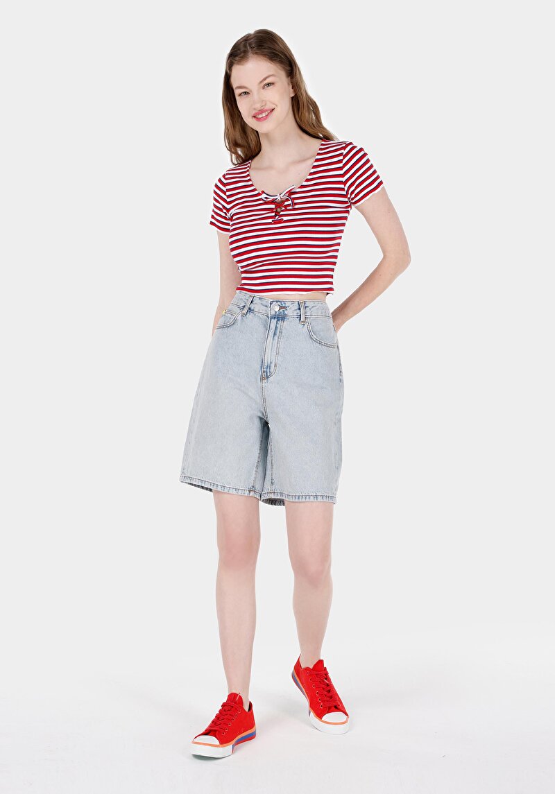 Regular Fit Yüksek Bel Kadın İndigo Jean Şort