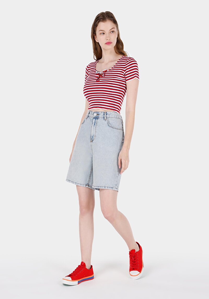 Regular Fit Yüksek Bel Kadın İndigo Jean Şort