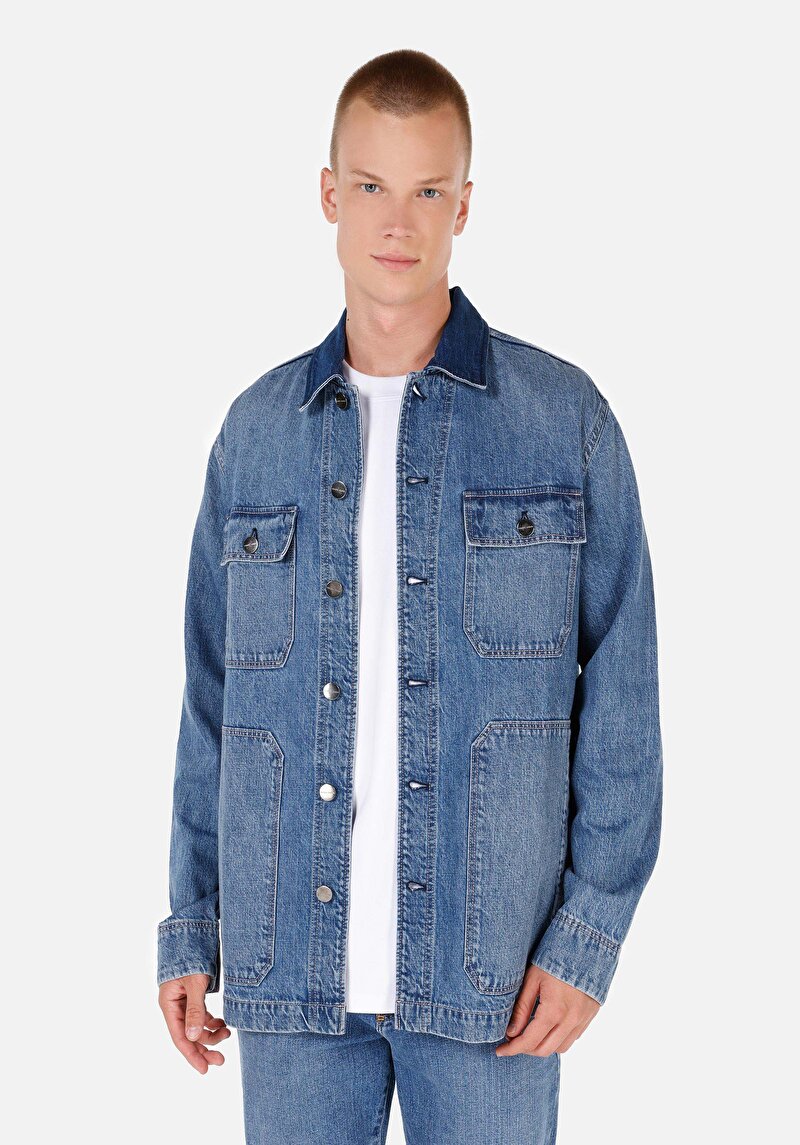 Regular Fit Düğmeli Astarsız Pamuklu Erkek Mavi Ceket