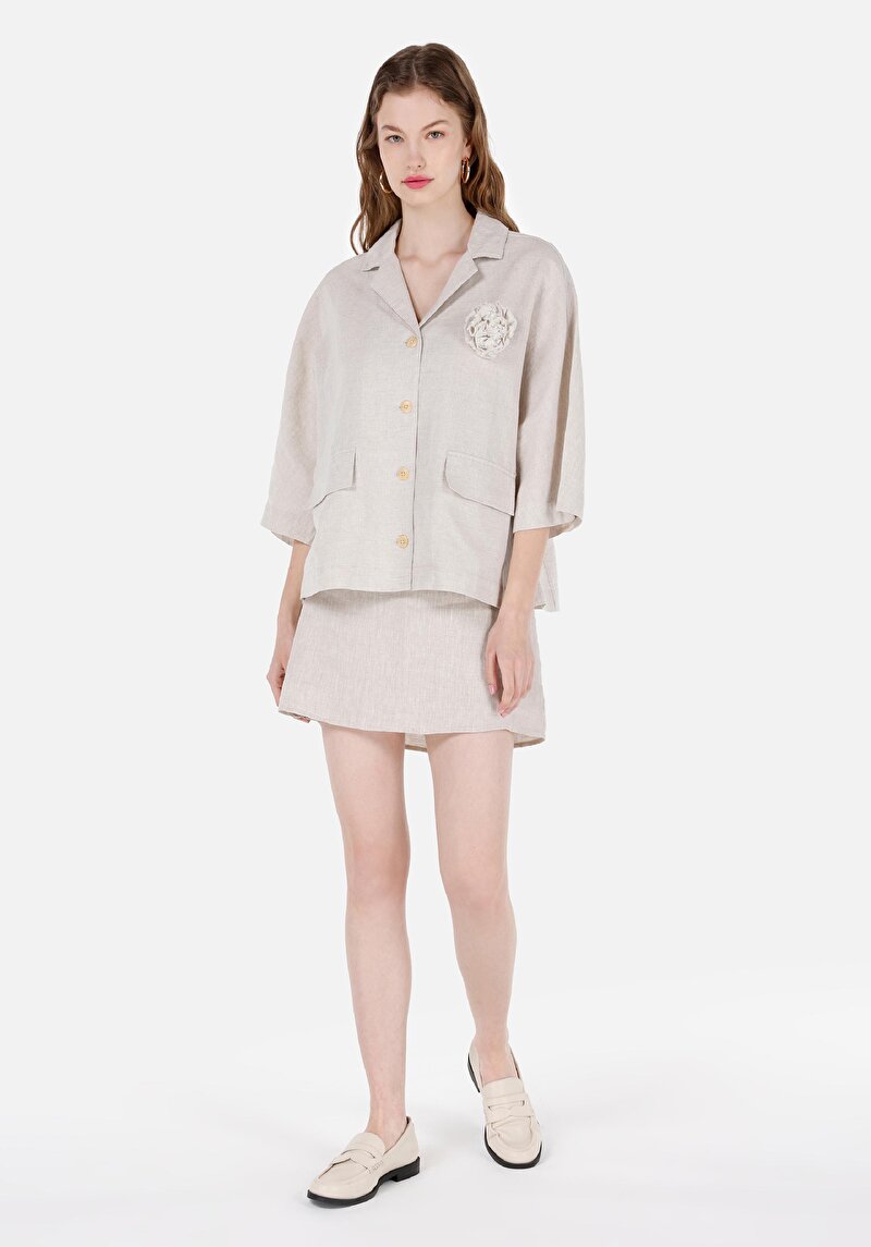 Regular Fit V Yaka Düz Kadın Bej Uzun Kol Gömlek