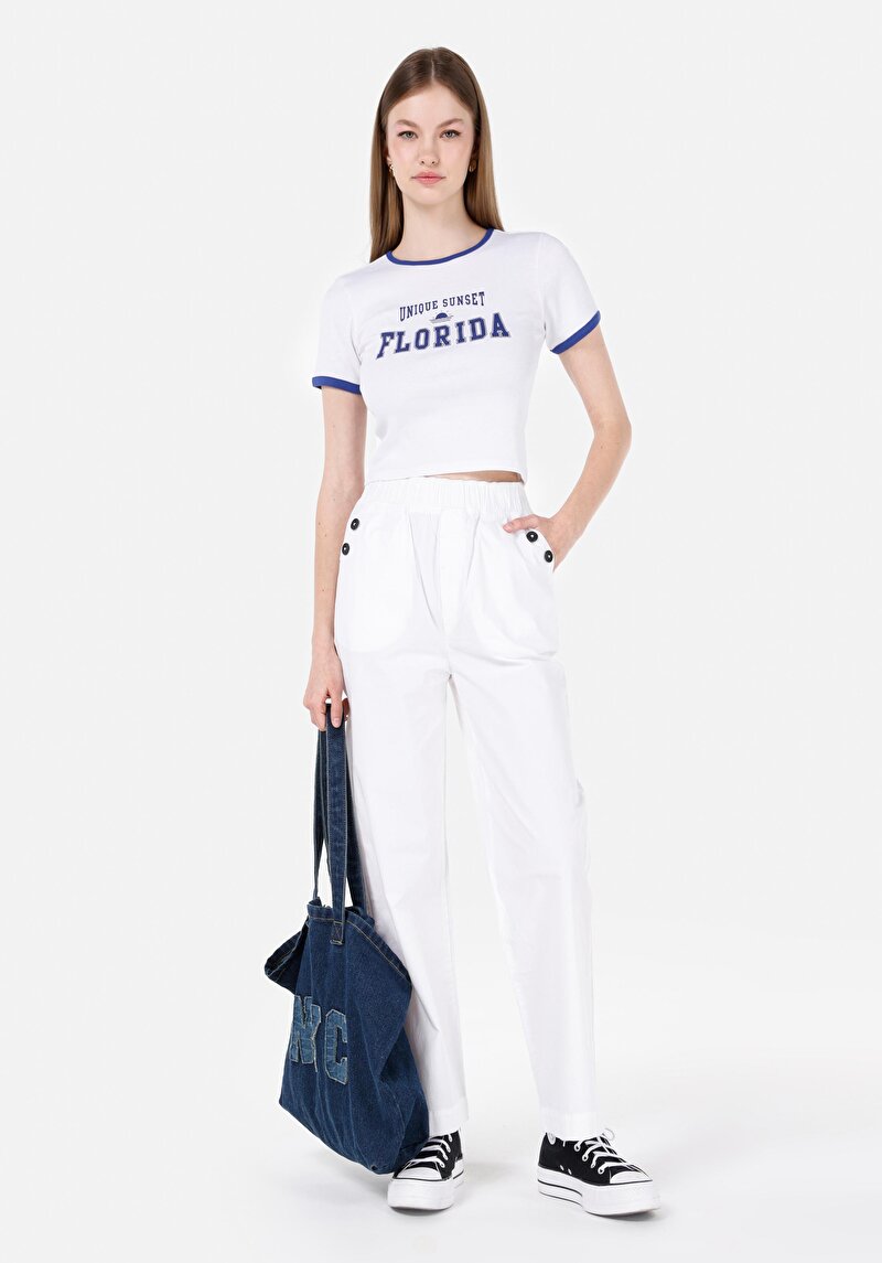 Regular Fit Yüksek Bel Geniş Paça Kadın Beyaz Pantolon