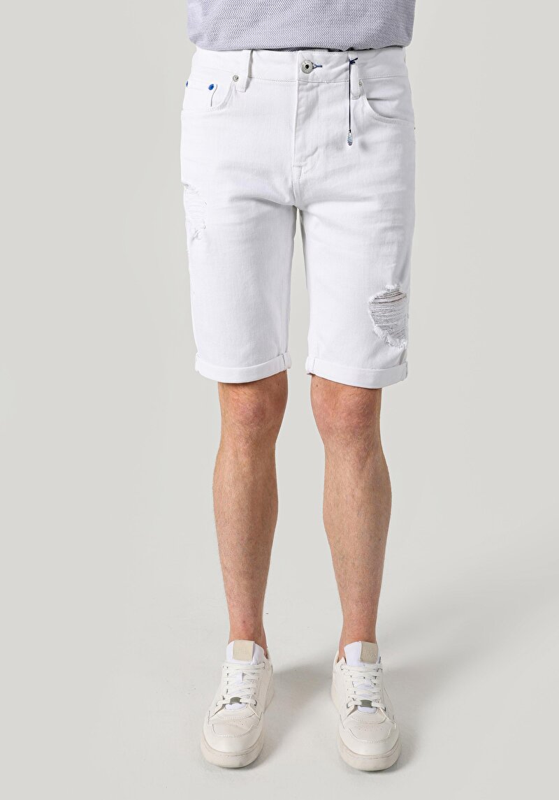 Straight Fit Düşük Bel Erkek Beyaz Jean Şort