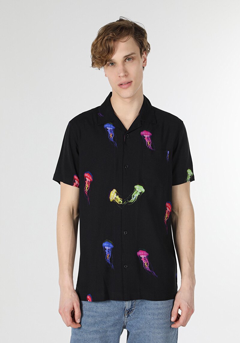Regular Fit Viskoz Shirt Neck Baskılı Erkek Siyah Kısa Kol Gömlek