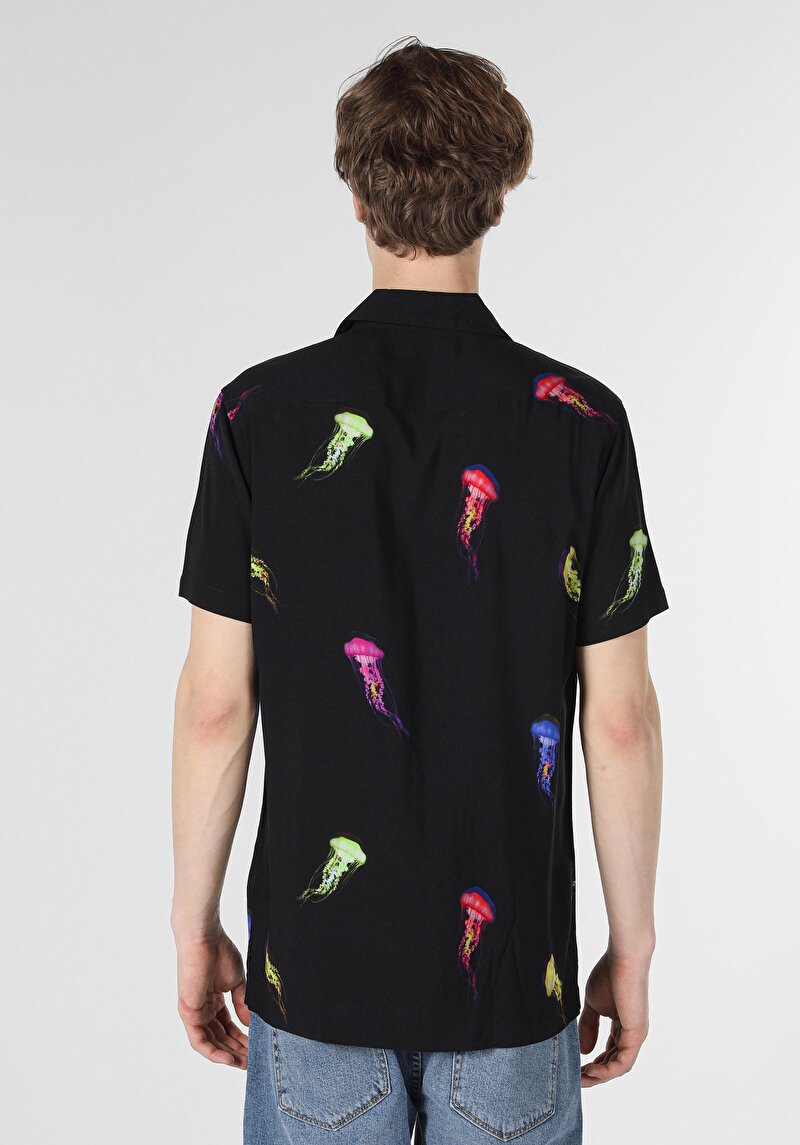 Regular Fit Viskoz Shirt Neck Baskılı Erkek Siyah Kısa Kol Gömlek